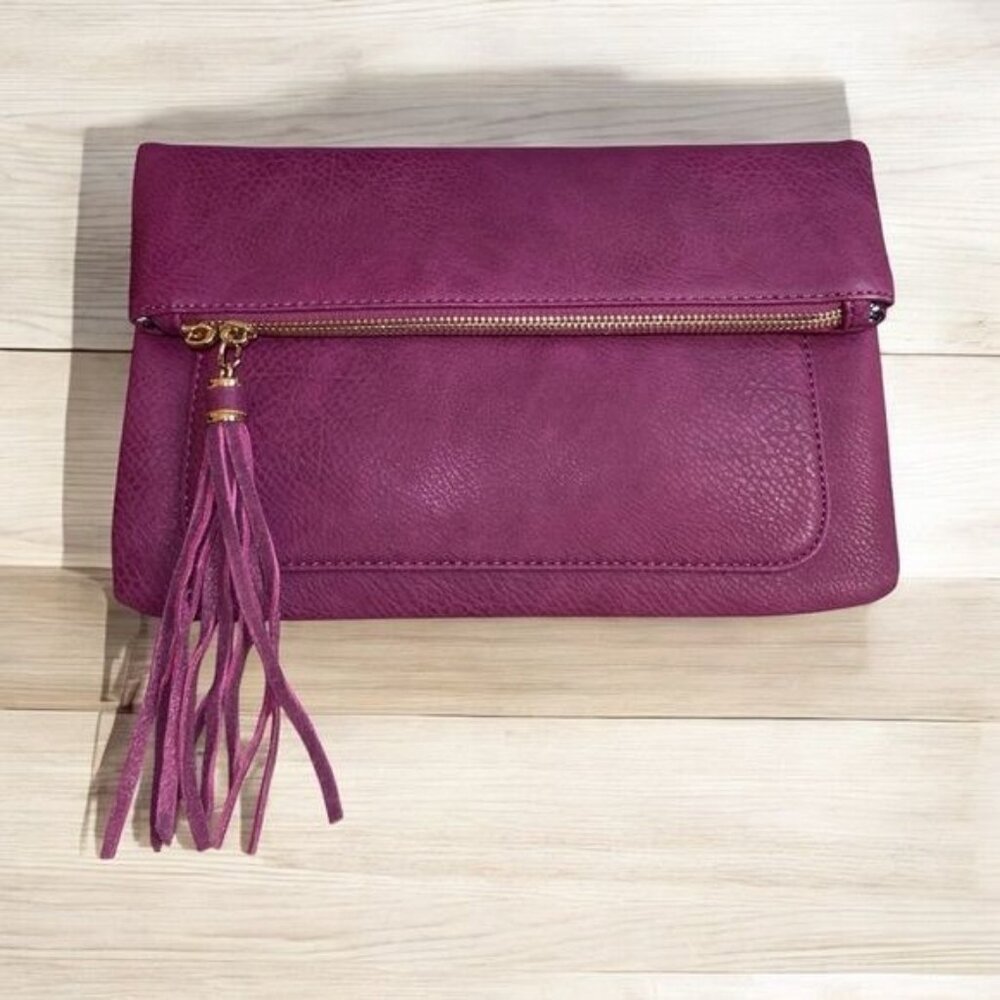 Moda Luxe Purse Fold Over Handbag Chain Strap Magenta Leather Brand New